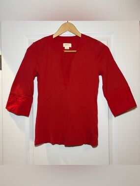 Anthropologie Maeve | Red Split-Neck Ribbed Office Top (Spring/Fall)